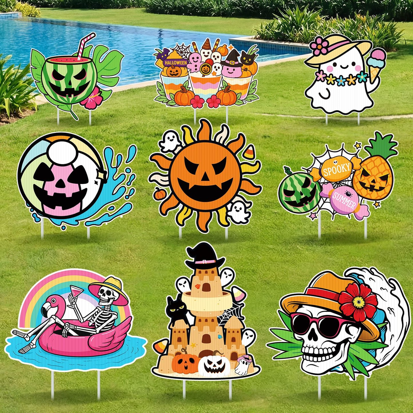 SiliFine 9 Pcs Summer Halloween Yard Decor Signs with Stakes Outdoor Plastic Lawn Decorations, Skeleton Ghost Pumpkin Beach Sand Themed for Summer Halloween Party Garden Decorations
