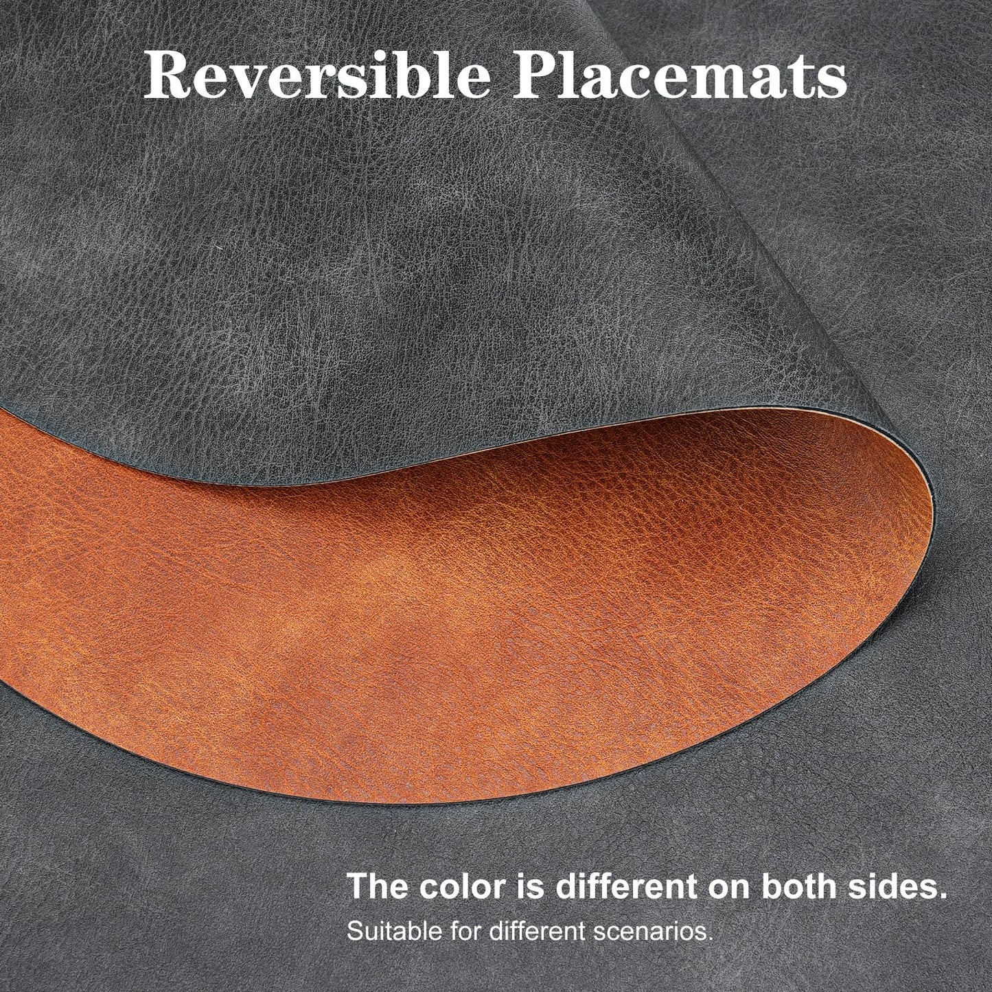 Pixieora Oval Placemats and Coasters Set of 6, Washable Reversible Faux Leather Placemats Cowhide Pattern Place Mats Wipeable Non-Slip 12 x 17 inch Kitchen Dining Table Mats (Gray Brown, 6)