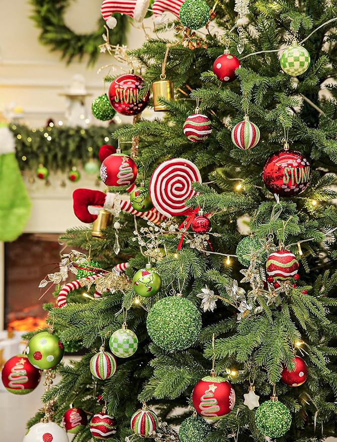 6Pcs Large Christmas Ball Ornaments 4" Lime Green Red and White Xmas Tree Decorations Set Shatterproof Plastic Ornaments for Tree, Hanging Décor for Office Holiday Home Indoor&Outdoor