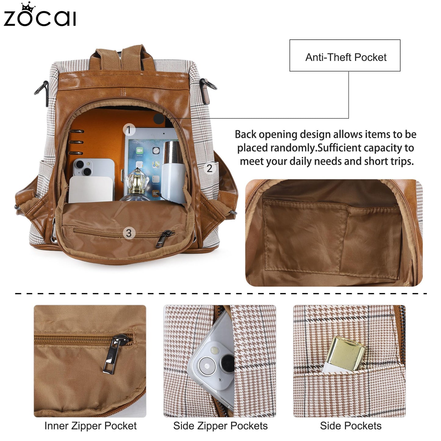 ZOCAI Backpack Purse for Women Fashion Backpack Purses PU Leather Daypacks Anti-Theft Shoulder Bag Satchel Purse(Brown)