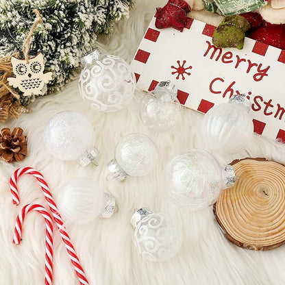 XmasExp 32ct Christmas Ball Ornaments Set -White Clear Plastic Shatterproof Xmas Tree Ball Decorations Hanging Baubles for Holiday Decor