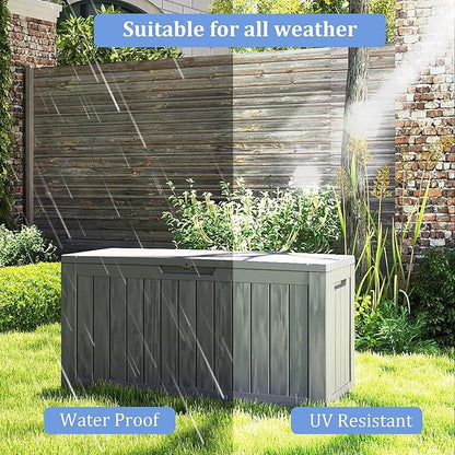 80 Gallon Coffee Resin Deck Box - Rustic Outdoor Storage for Garden Tools, Patio Essentials & Package Delivery - Weatherproof, Lockable for Farmhouse Decks