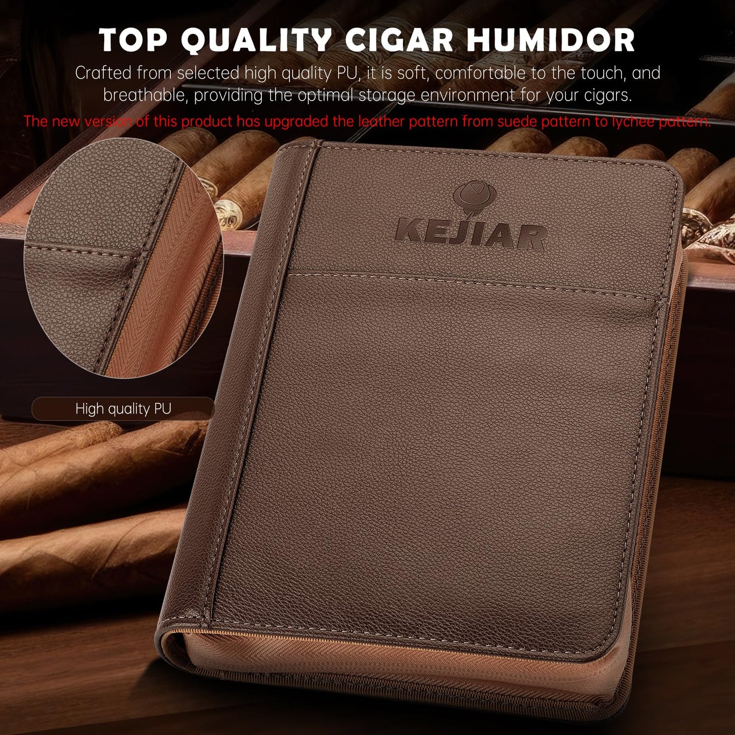KEJIAR Cigar Humidor Case, Portable Cigar Box with Straight Cutter, V Cutter, Hole Puncher, Humidifier Packs, Travel Humidor and Cigar Accessories Gift Set Leather Cigar Case (Brown)
