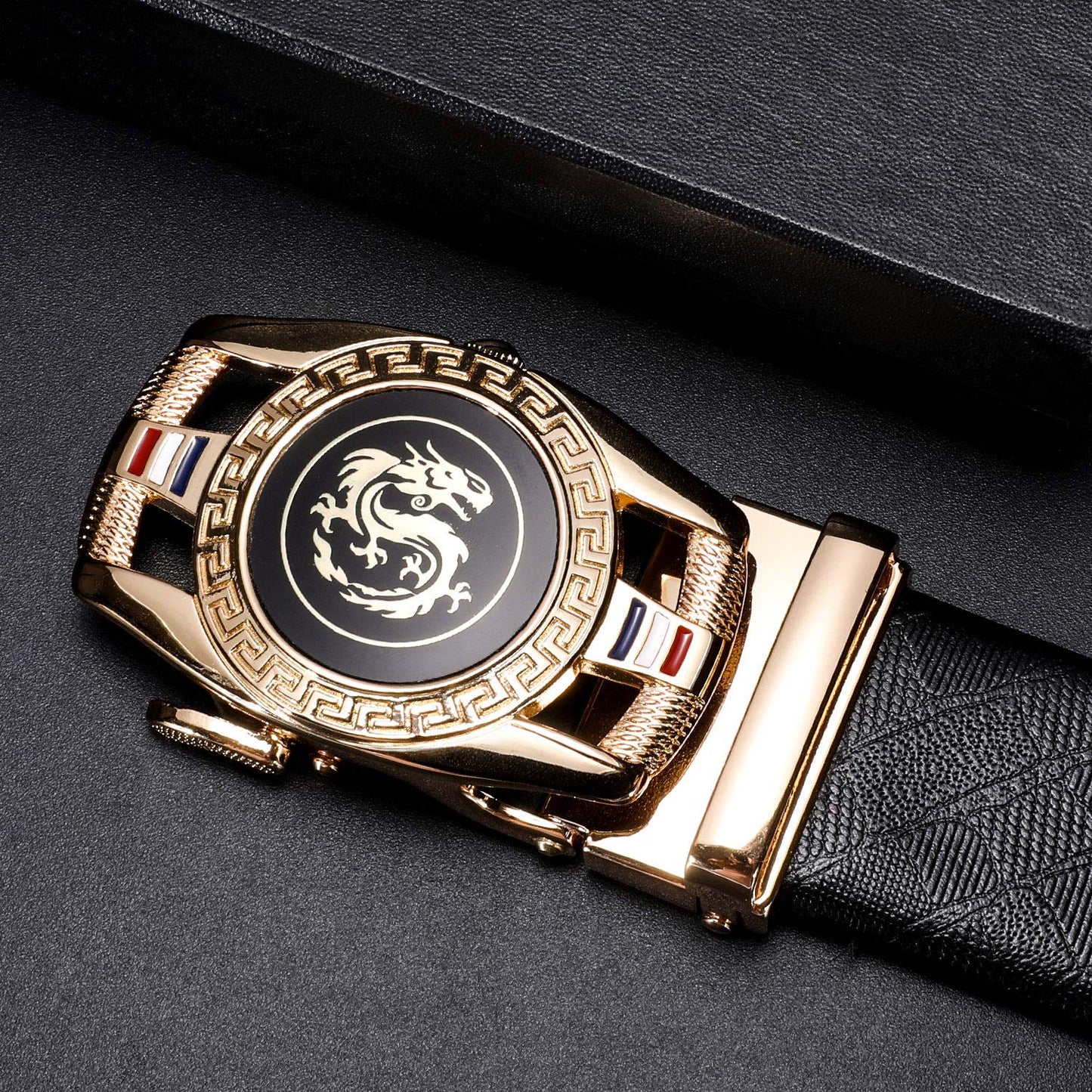 Dubulle Ratchet Belt Gold Dragon Sign Fashion Automatic Buckle Adjustable sliding Ratchet Strap Business Wedding Trim to Fit