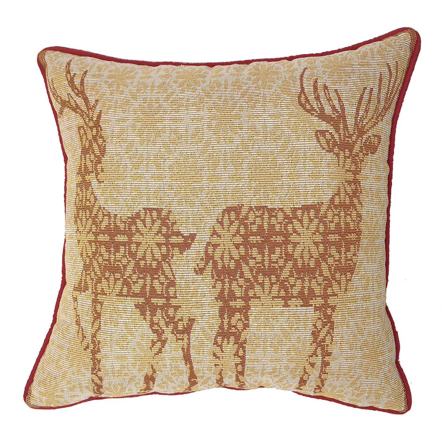 Christmas Tapestry Throw Pillow Cover 16x16 Inch - Festive Woven Jacquard Reindeer Cushion Case - Red Piping, Hidden Zipper - Decorative Holiday Home Decor for Sofa/Couch