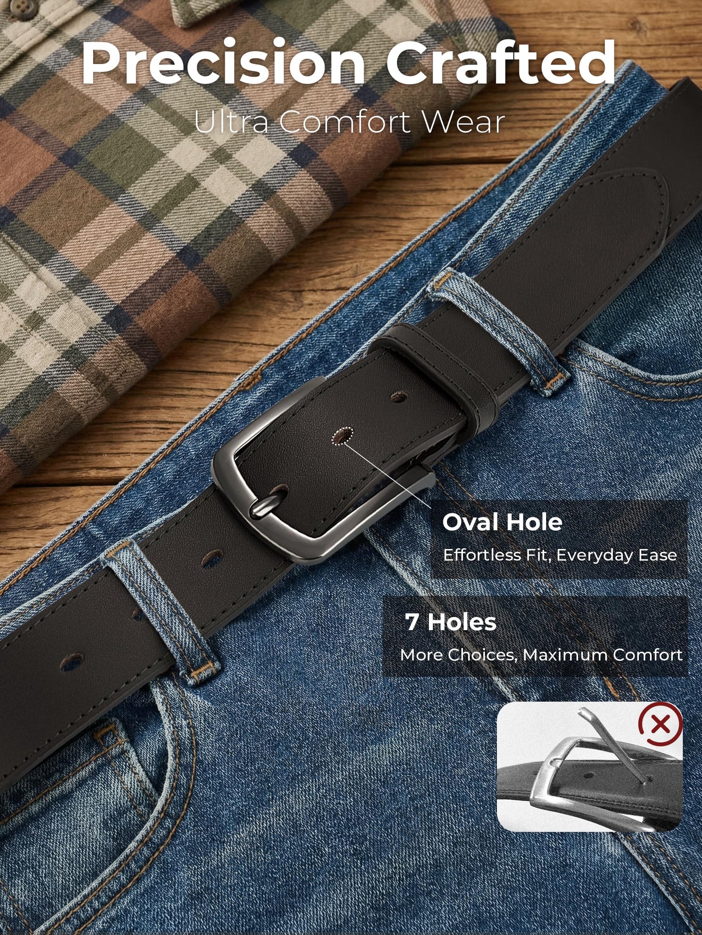 MILORDE Men's 35mm Jean Leather Belt，Handmade, Full Grain Leather for Jeans Casual daily Wear (Black 201, 30)