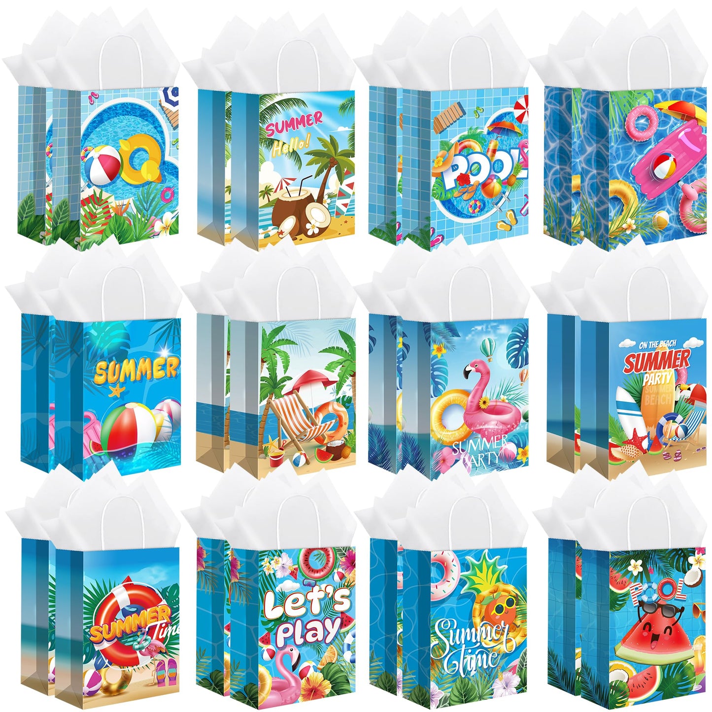 MIMIND Summer Beach Party Paper Bags with Tissue Paper 48 Pack Pool Kraft Goodie Candy Gift Treat Bags with Handles for Summer Luau Tropical Beach Party Favors Supplies