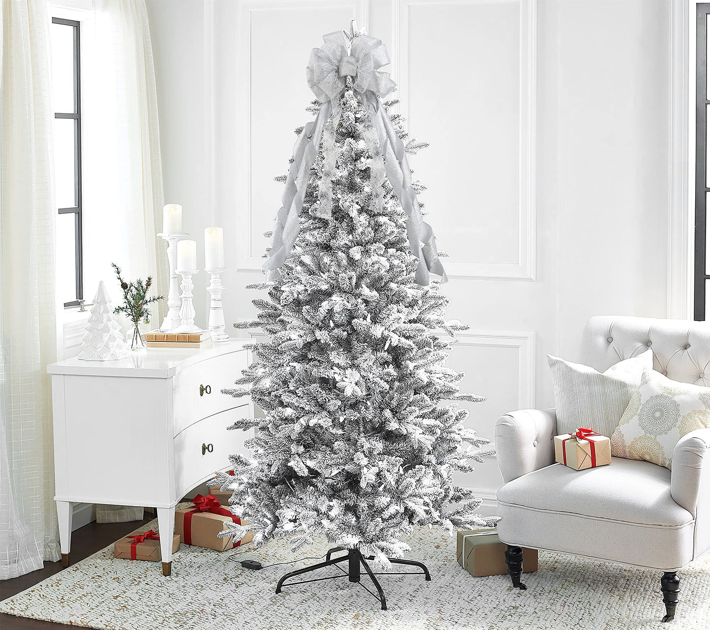 MEEDEE Silver Christmas Tree Topper Silver Glitter Christmas Bows 12" Wide Snowflake Ribbon Bow Silver Christmas Bows Silver Tree Topper Silver Bows for Christmas Tree (1 Pack)
