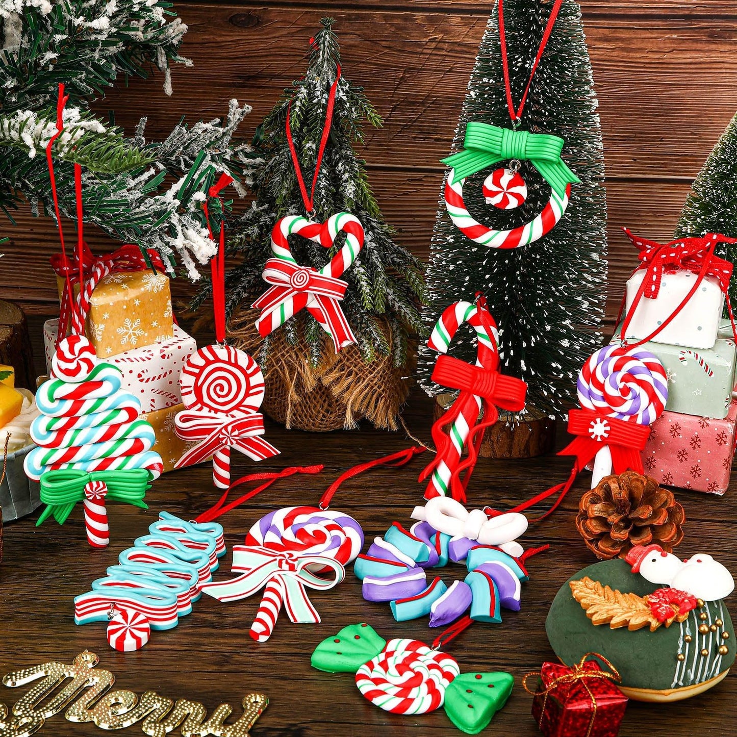 AUGSUN 16Pcs Christmas Lollipop Ornaments, Christmas Mini Candy Cane Hanging Ornaments Polymer Clay Peppermint Pendants for Xmas Tree Party Home Decorations(Red and Blue)