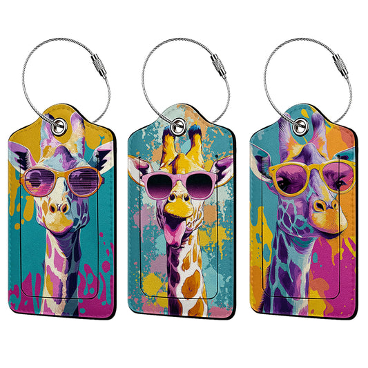 Funny Giraffe 3 Pack Luggage Tags, PU Leather Luggage Tags for Suitcase,Name ID Labels with Privacy Cover Suitcases and Metal Loop for Travel Bag Suitcase