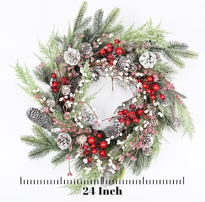 Christmas Wreath for Front Door, 24 inch Winter Wreaths with Natural Pine Cones, Red Berries,Spruce Branches,Xmas Indoor Outdoor Holiday Party Thanksgiving Decorations