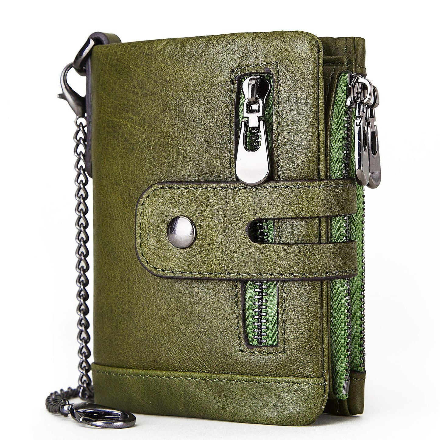 gzcz Men Wallets with Chain Genuine Leather Purse RFID Blocking Minimalist Bifold Wallet with Zipper Coin Pocket ID Window, Green