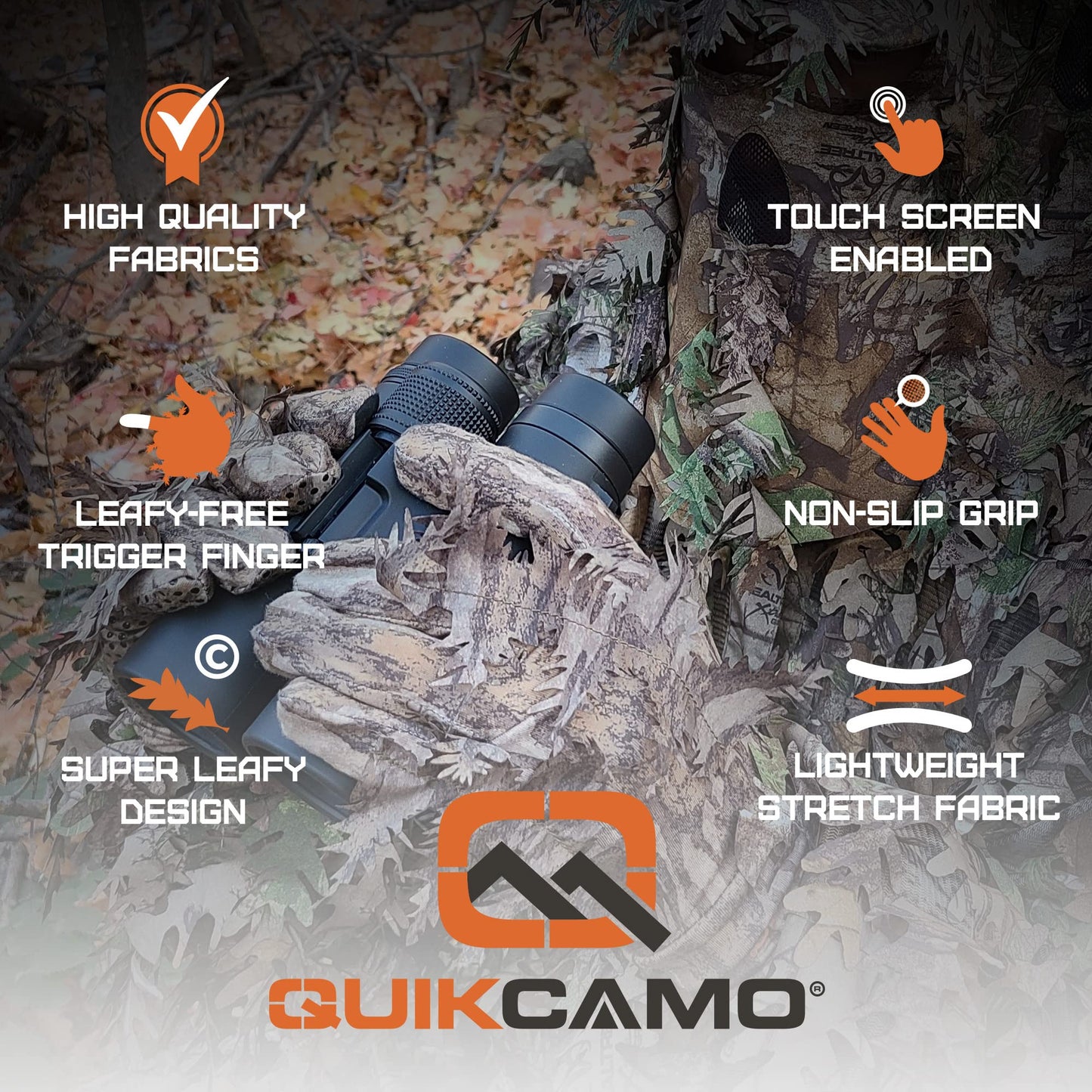 QuikCamo Men’s Realtree Xtra Green 3D Leafy Hunting Gloves with Touch Screen Tips - Lightweight Stretch Fit with Non-Slip Grip