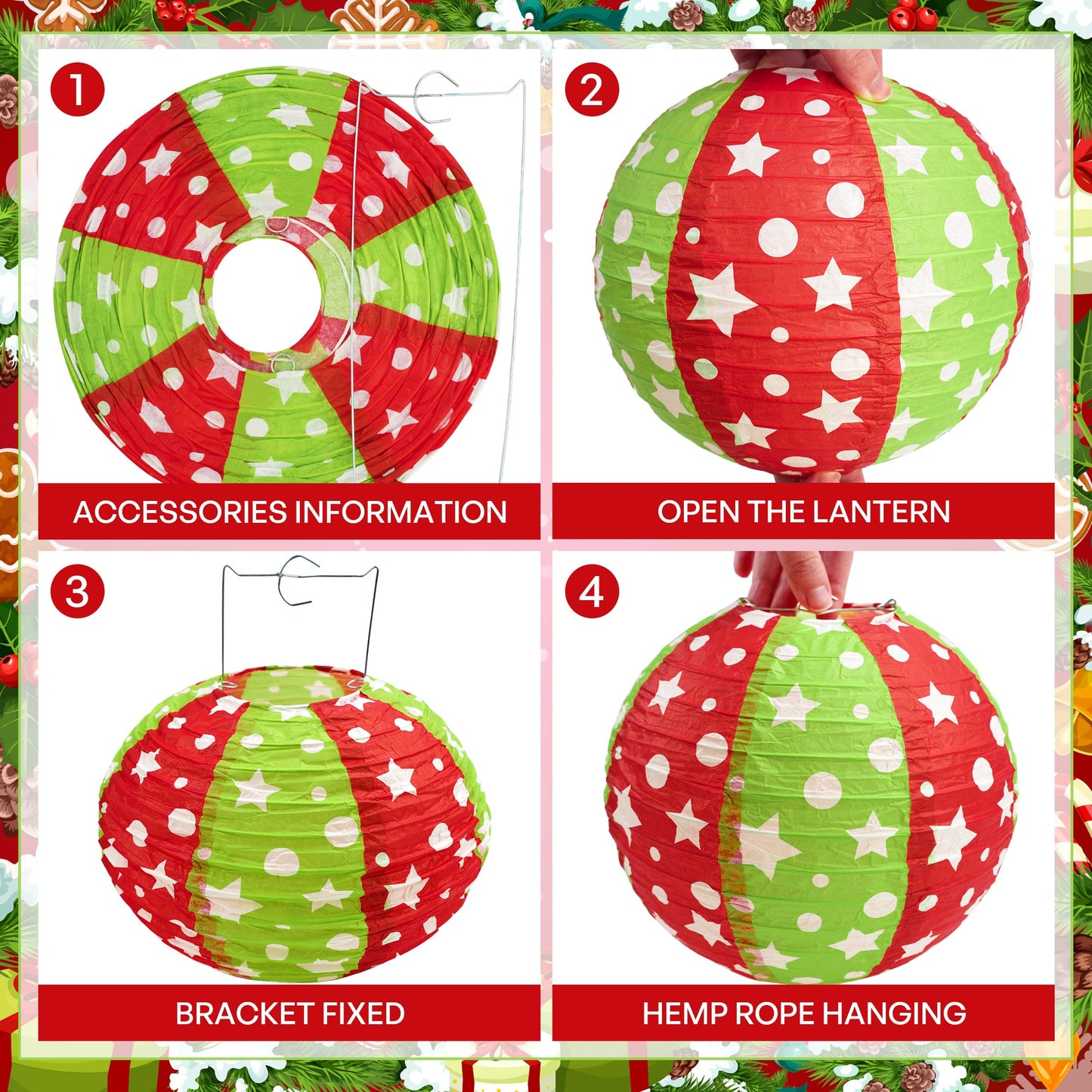 12 Pcs Red Green Christmas Hanging Paper Lanterns 8 Inch Christmas Party Lanterns Indoor Outdoor Decorative for Xmas Holiday Party Baby Shower Birthday