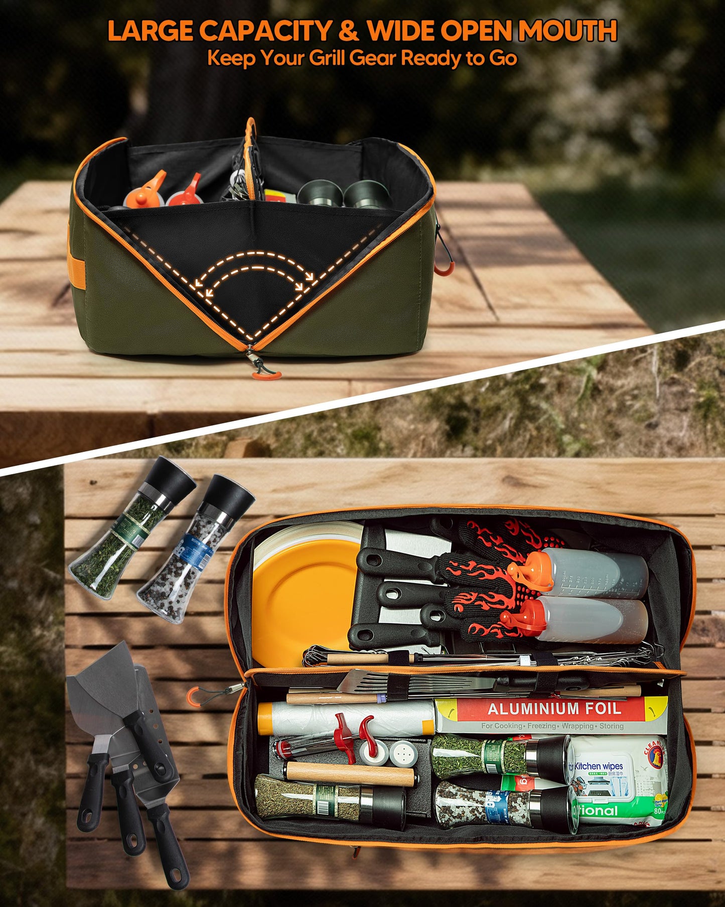 Marscamd 22” Grill Tool Storage Bag with Dual Inner Compartments, Wide-Open Grill Utensil Storage Bag for Grill, Griddle and Barbecue Tools, Green (No Accessories)
