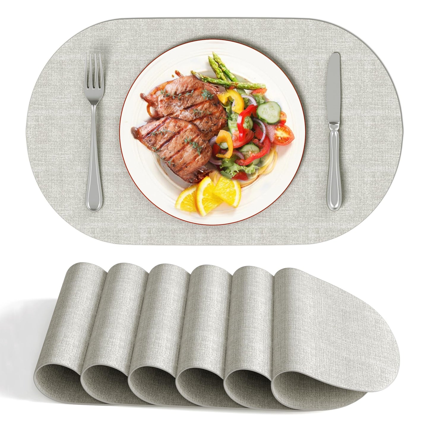 DOLOPL Oval Faux Leather Placemats Set of 6, Reversible Waterproof Heat Resistant & Wipeable Table Placemats, Washable Dining Table Mats for Kitchen Table,Everyday Dining,Gatherings,Parties(Gray)