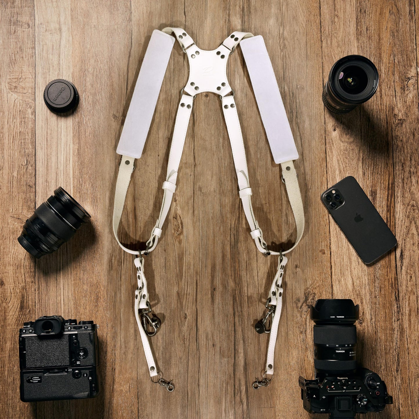 Padwa Lifestyle White Dual Camera Harness Strap for Two Cameras - Dual Shoulder Full Grain Leather Harness,Multi Double Camera Gear with Thick Padded,Double Camera Harness for Photographers