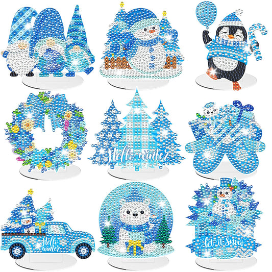 9pcs Winter Diamond Art Tabletop Decoration Winter Diamond Painting Desktop Ornament Christmas Tree Craft Kit Snowman Deer Truck Gnome Xmas Painting Sign Set for DIY Adults Gifts Party Decor
