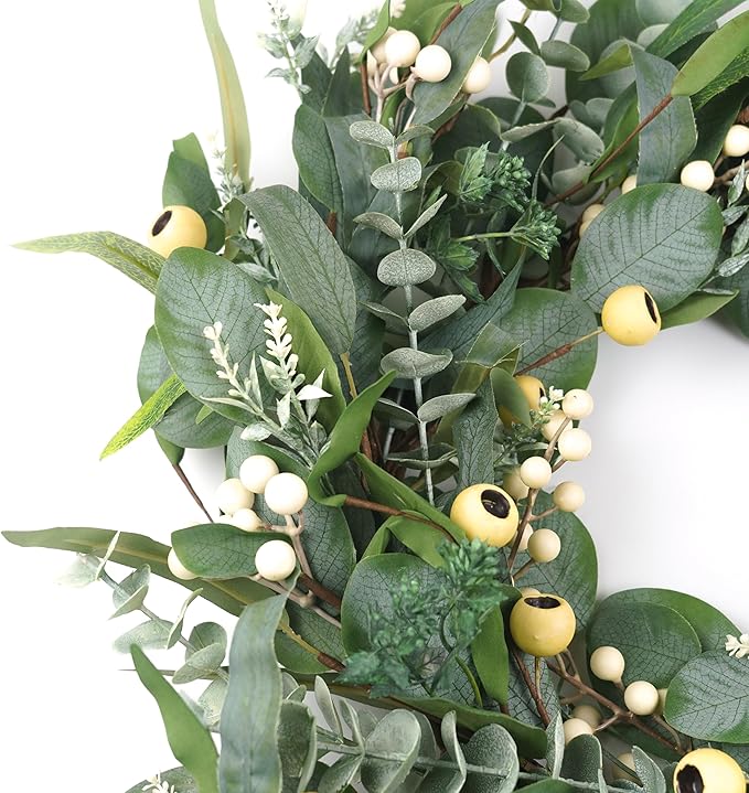 Wreaths for Front Door 22 Inch, All Season Greenery Wreath Olive Eucalyptus Leaves and White Mixed Berry for Indoor Outdoor Farmhouse Home Porch Wall Window Festival Wedding Decor