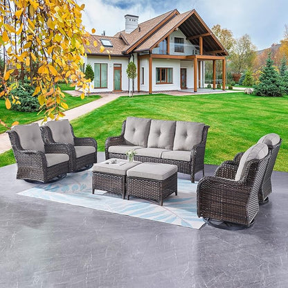 Rilyson Wicker Patio Furniture Set - 7 PC Rattan Outdoor Sectional Conversation Sets with 4 Swivel Rocking Chairs,2 Ottomans and 1 Sofa for Porch Deck Garden(Brown/Grey)