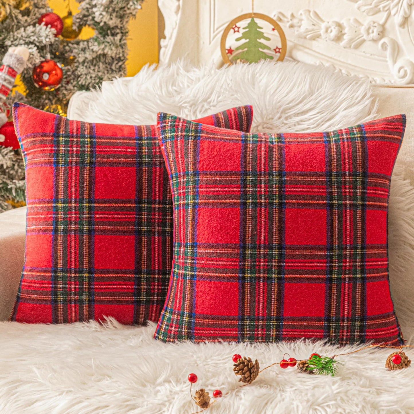 AQOTHES Christmas Plaid Throw Pillow Covers Set of 2 Scottish Tartan Winter Farmhouse Cushion Cover for Couch Sofa Bed Porch Home Holiday Decor Red 20 x 20 Inch