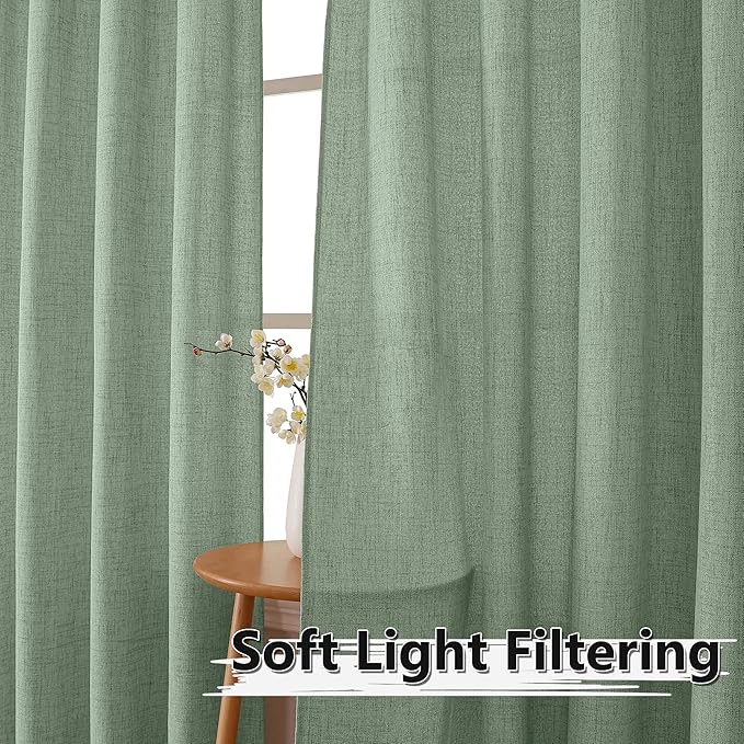 Tollpiz Linen Curtain Bedroom Rod Pocket Semi Sheer Curtains Burlap Light Filtering Thick Linen Drape for Living Room, 54 x 63 inches Long, Sage Green, Set of 2 Panels