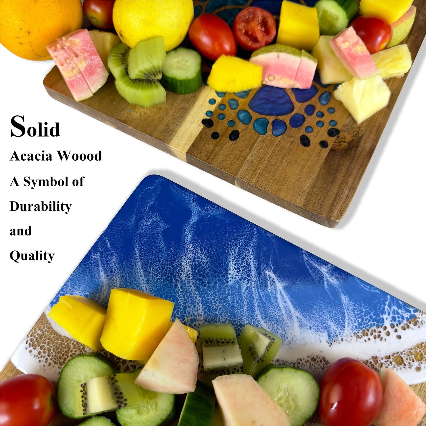 LILKUISYN Acacia Wood Cutting Board With Blue Resin Wave & Sea Turtle Epoxy Resin Ocean Pan for Kitchen Meal Prep Serving Tray Versatile Cheese & Charcuterie Board for Meat Vegetable Gift 15*10 inch