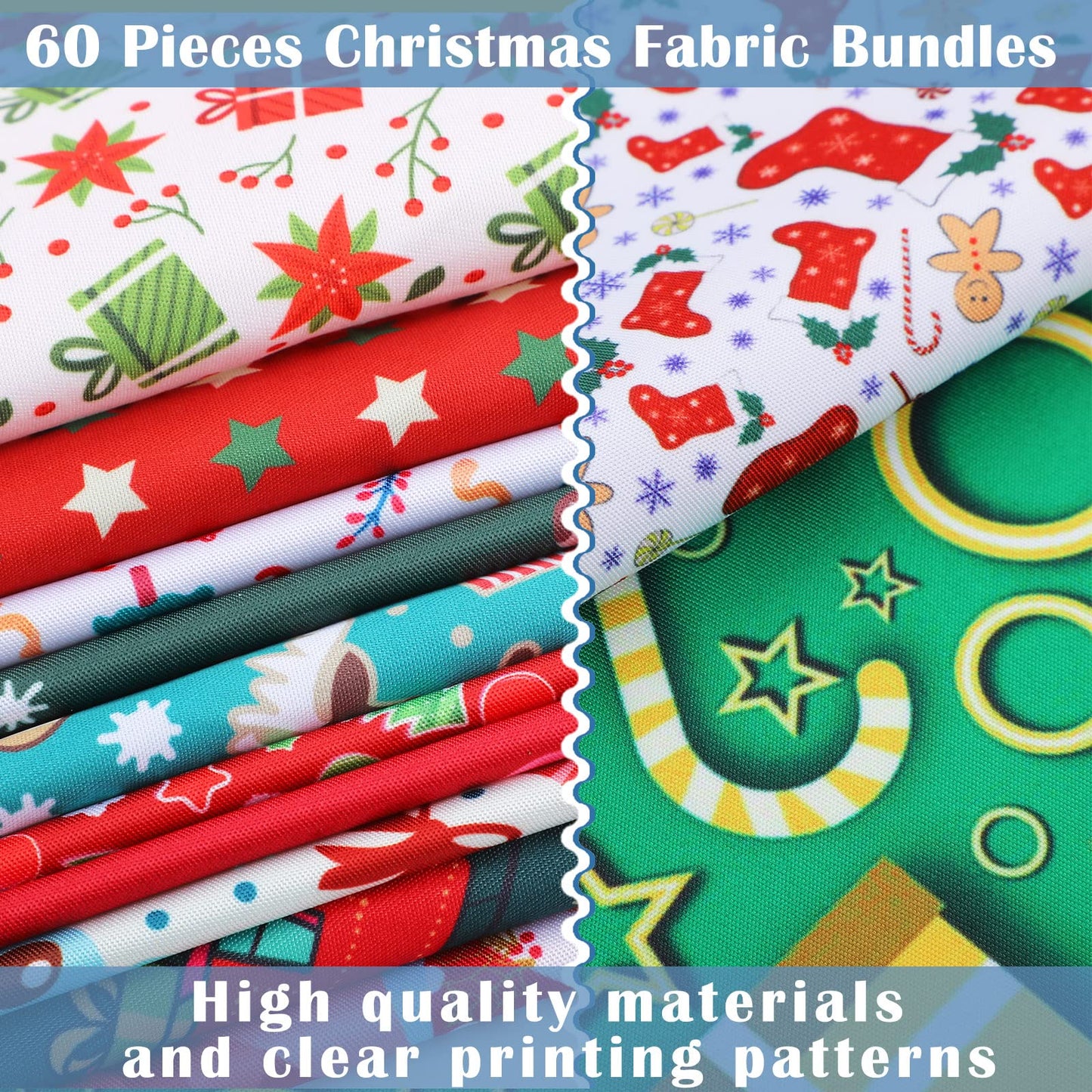 Tudomro 60 Pieces Christmas Fabric Squares 10 x 10 Inch Christmas Sewing Quilting Material Bundles Holiday Santa Tree Claus Elk Snowflake Printing Fabric for Patchwork Sewing DIY Party