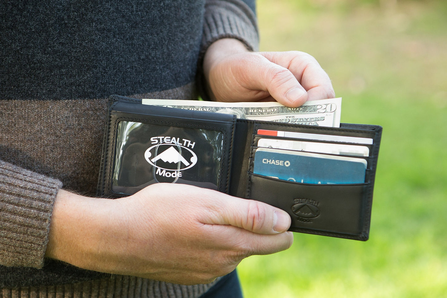 Stealth Mode Black Leather Bifold Wallet for Men With ID Window and RFID Blocking, One Size