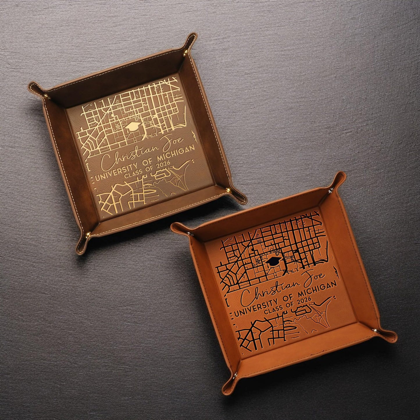 LUCY ENGRAVING Custom Campus Map Graduation Leather Tray, College Grad Leather Nightstand Organizer - Class of 2026, College Graduation Gifts for Graduates, Personalized Valet Tray for Men