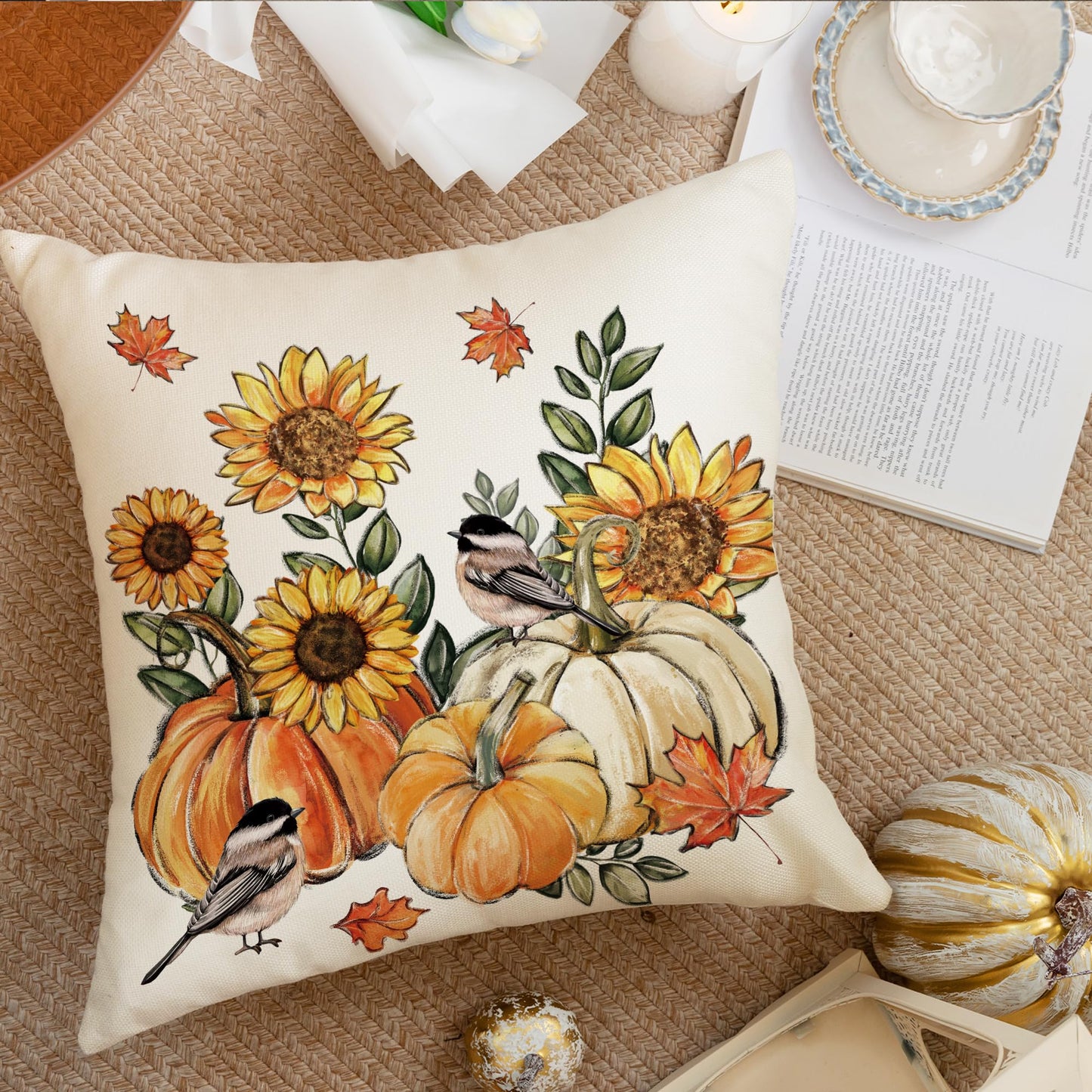 Tikeciti Fall Sunflower Pillow Covers Orange Pumpkin 18 x 18 Inch Throw Pillows, Thanksgiving Hello Autumn Floral Seasonal Decorative Farmhouse Cushion Case for Sofa Couch Set of 4