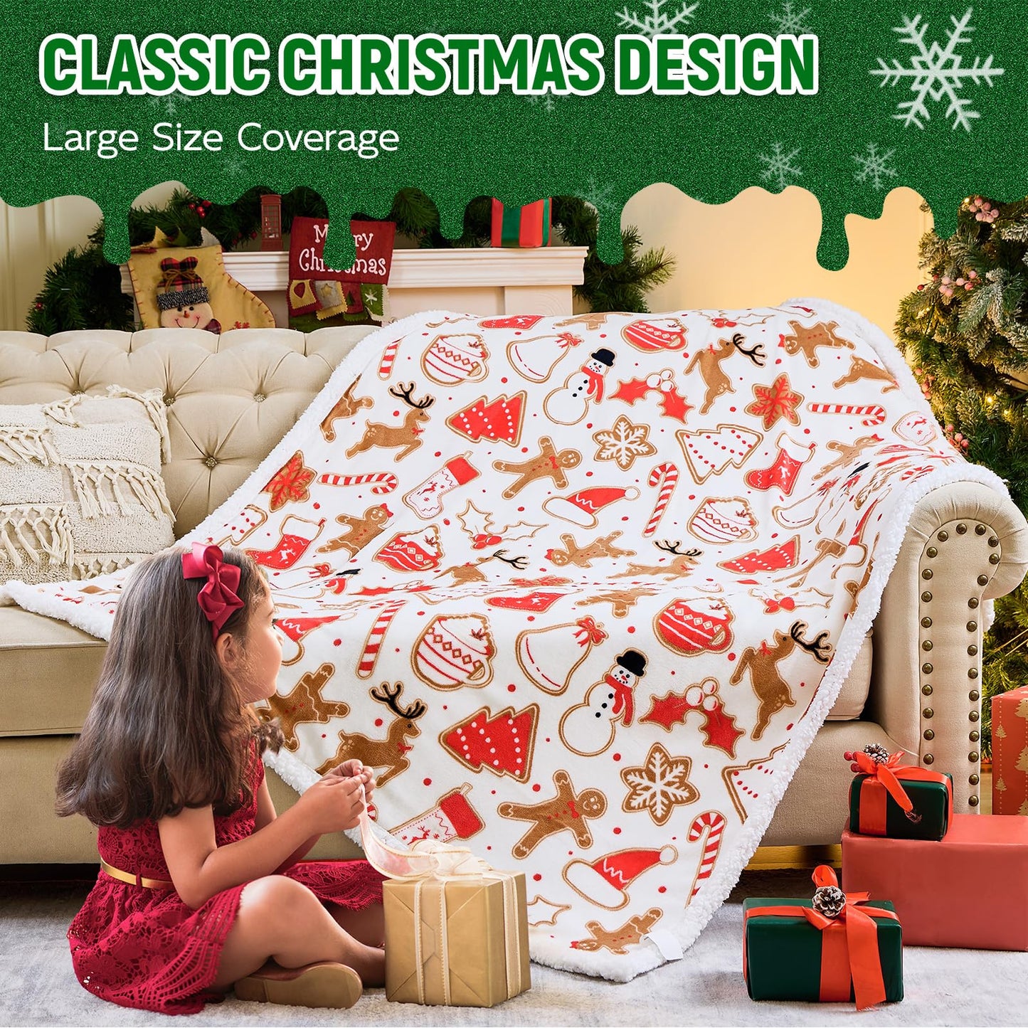 NORD ECO Christmas Throw Blanket, Christmas Decorations Gifts for Women, Sherpa Flannel Fleece Winter Holiday Blanket, Fluffy Cozy Soft Christams Throws for Couch Sofa Bed, Gingerbread, 50" X 60"