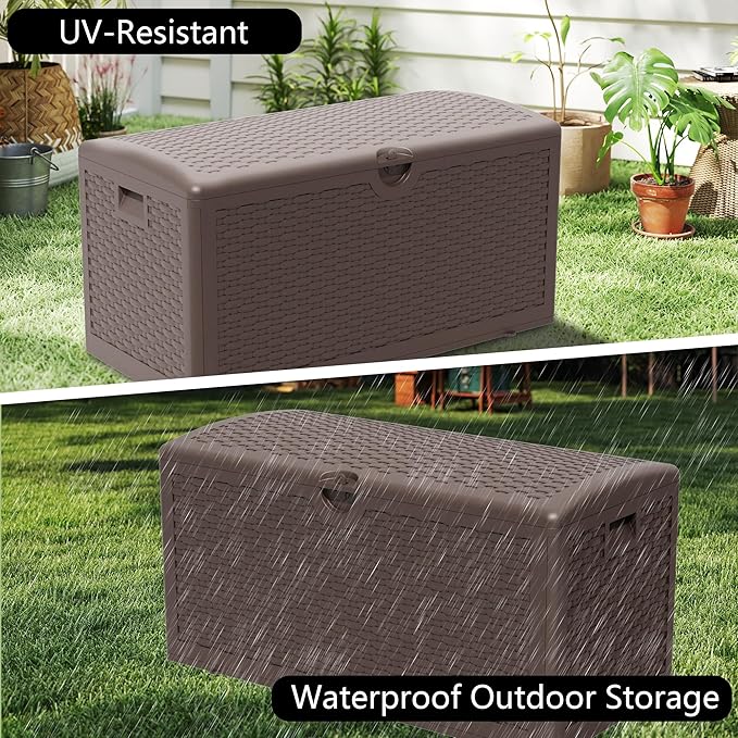 Upgrade 80 Gallon Waterproof Large Resin Deck Box Indoor/Outdoor Lockable Storage Container and Seating for Garden, Pool, and Patio (80 Pro Gallon, Brown)