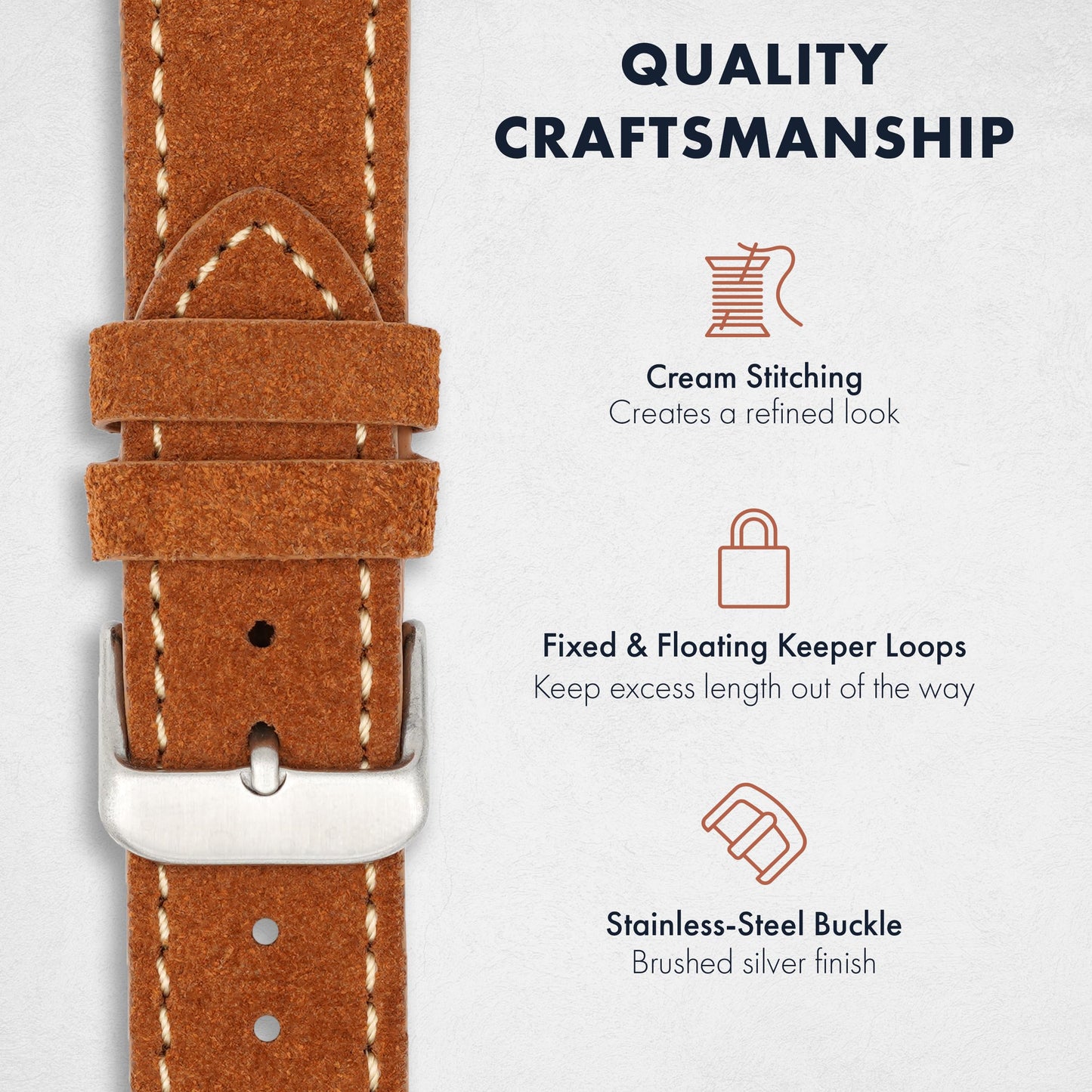 Benchmark Suede 18mm Leather Watch Band – 18mm Quick Release Watch Band with Stainless-Steel Buckle & 9 Adjustable Holes – Brown Leather Watch Bands for Men & Women (18mm, Light Brown)