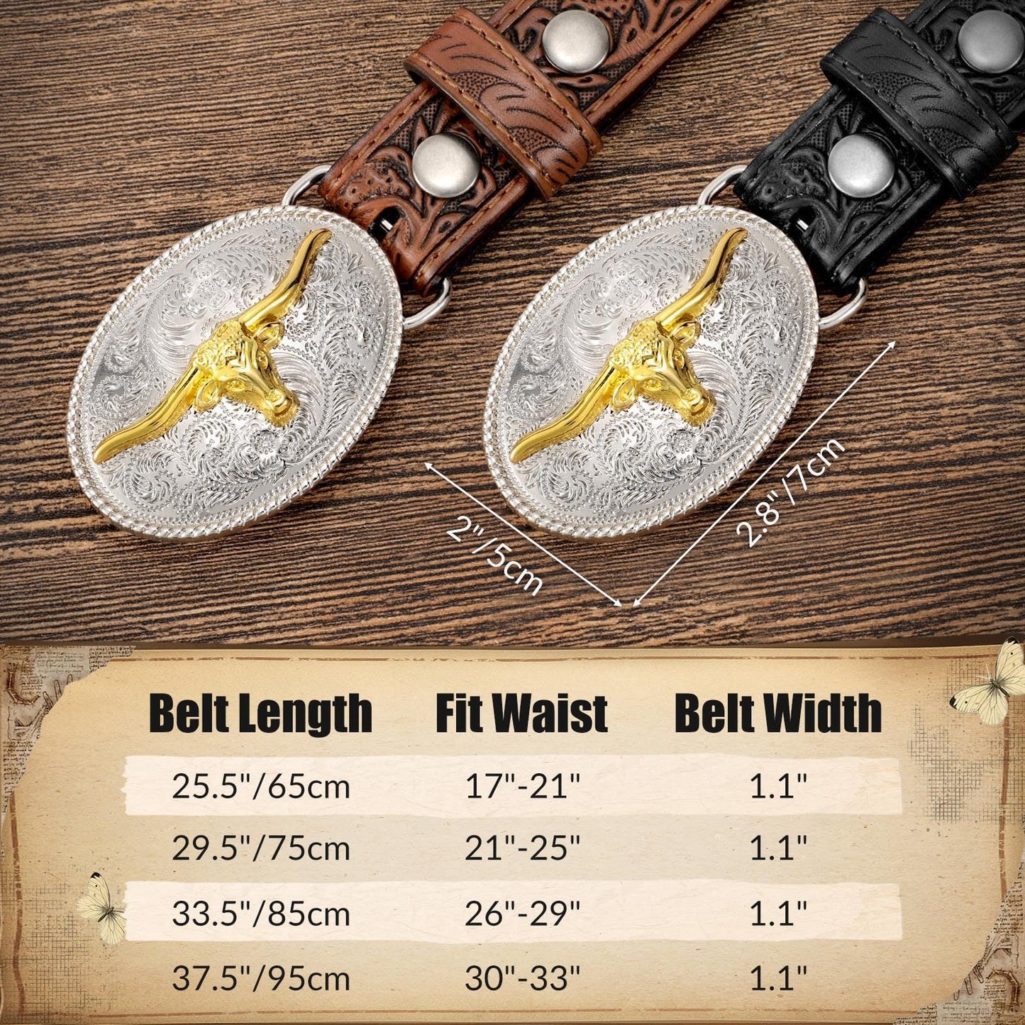 JKEEMI Kids Western Belt for Boys Girls, Embossed Genuine Leather Cowboy Cowgirl Belt for Jeans Pant Dresses Gift