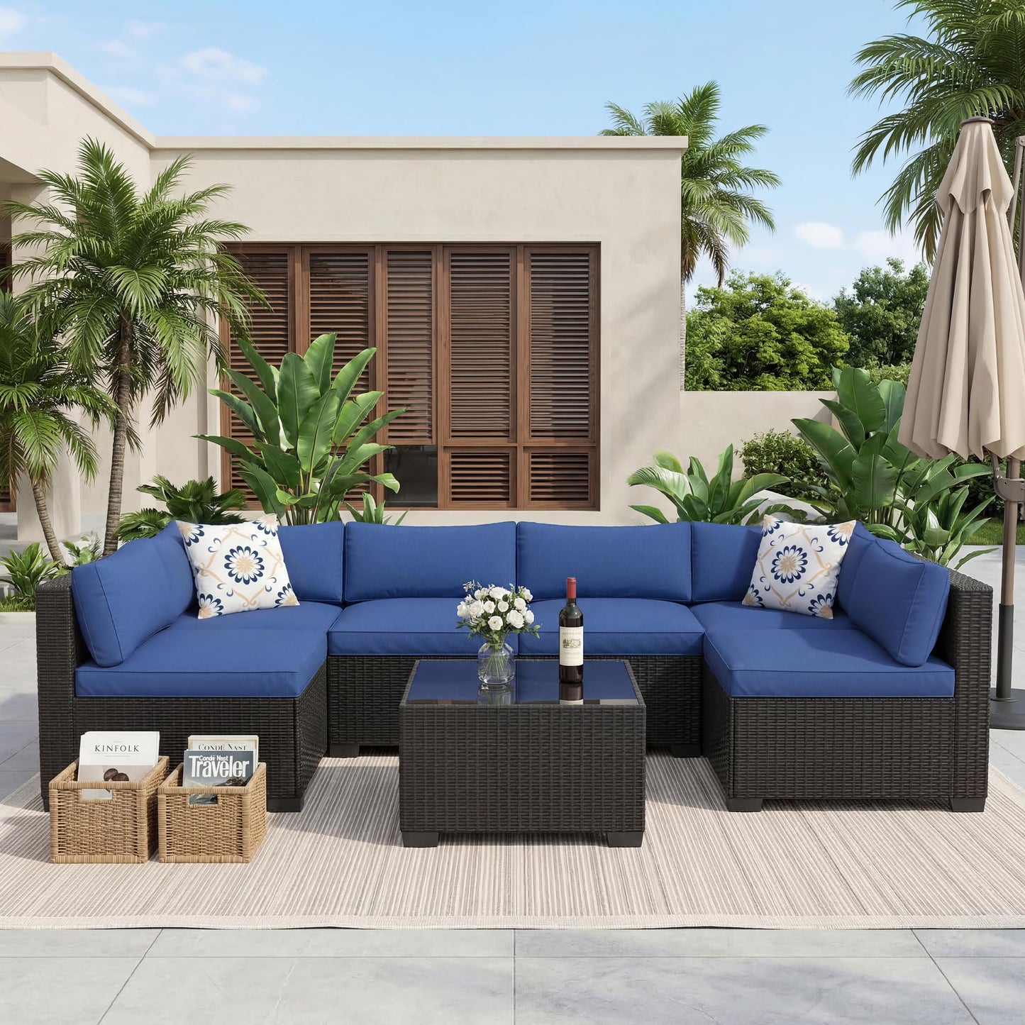 GarveeHome 7-Piece Modular Outdoor Patio Set, Sectional Rattan Wicker Sofa with Water-Resistant & Washable Thick Blue Cushions, Includes Coffee Table, Black Frame for Garden, Deck, Poolside