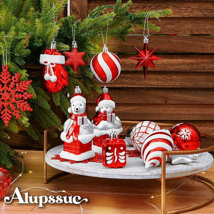 Alupssuc 112pcs Christmas Balls Ornaments Set, Shatterproof Plastic Baubles Christmas Penguin, Polar Bear for Xmas Tree Holiday Wedding Party Decorations with Hanging Strings, Red, Silver and White
