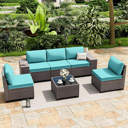 ALAULM 6 Pieces Patio Furniture Set, Oversized Seat/Armrest and High Back Wicker Sectional Furniture Set with Thick Cushion for Backyard, Garden, Turquoise