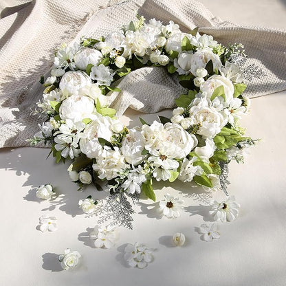 Peony Wreath 23" Floral Artificial Wreath for Front Door Wall Decor Home Décor Festival Celebration Wedding Party New Owners Seasonal Decoration Housewarming Gifts EZsenses (White)
