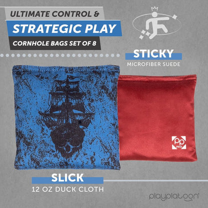 Play Platoon Professional Cornhole Bags Set of 8 - Regulation All Weather Double Sided Pro Corn Hole Bags - Sticky Side/Slick Side for Pro Cornhole Game - Red/Blue Kraken Pirate