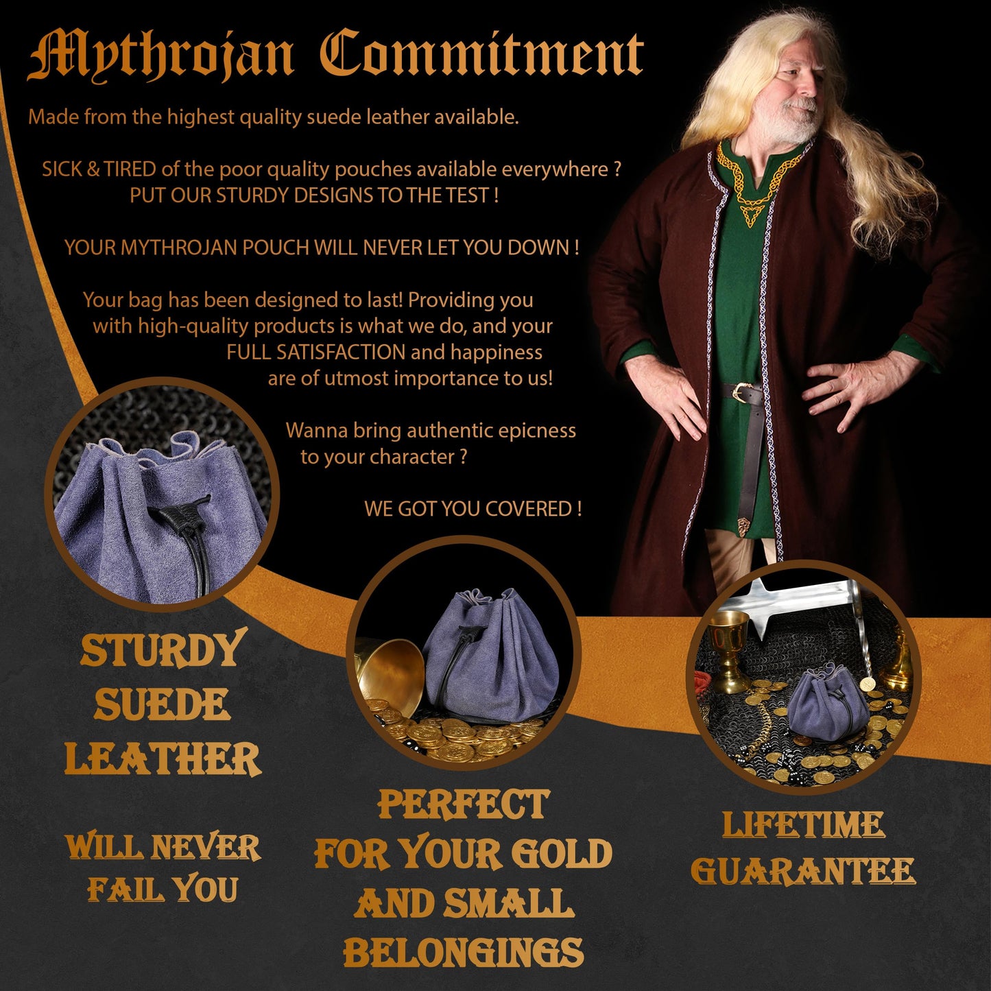 Mythrojan medieval leather pouch suede drawstring belt bag for larp, viking, renaissance cosplay, coin & jewelry waist purse blue, 4.9"x3.5"