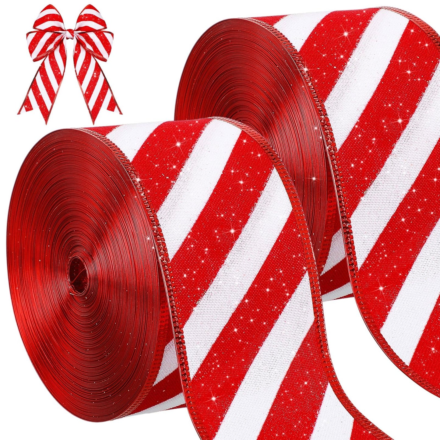 Waydress 2 Rolls Christmas Peppermint Stripe Ribbon Glitter Wired Candy Cane Fabric Wrapping DIY Craft Wide Ribbons for Christmas Tree Bow Wreath(2.5 Inch X 25 Yard)