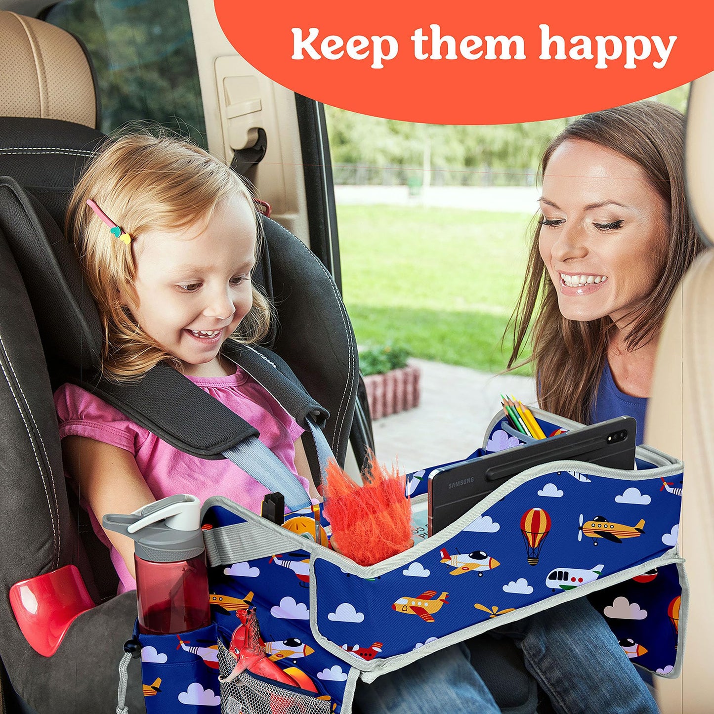PILLANI Kids Travel Tray for Car - Toddler Airplane Travel Essentials w/ Activity Sheets, Pens & Dry Erase Board - Kids Travel - Must Have Toddler Lap Desk Organizer for Airplane - Travel Accessories