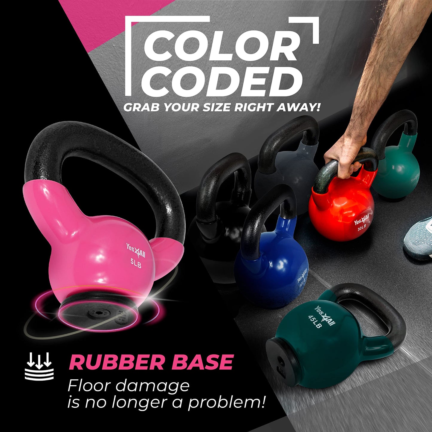Yes4All Kettlebells Rubber Base, Kettlebell Set for Women, Strength Training Kettlebells Weights (10-65 lbs)