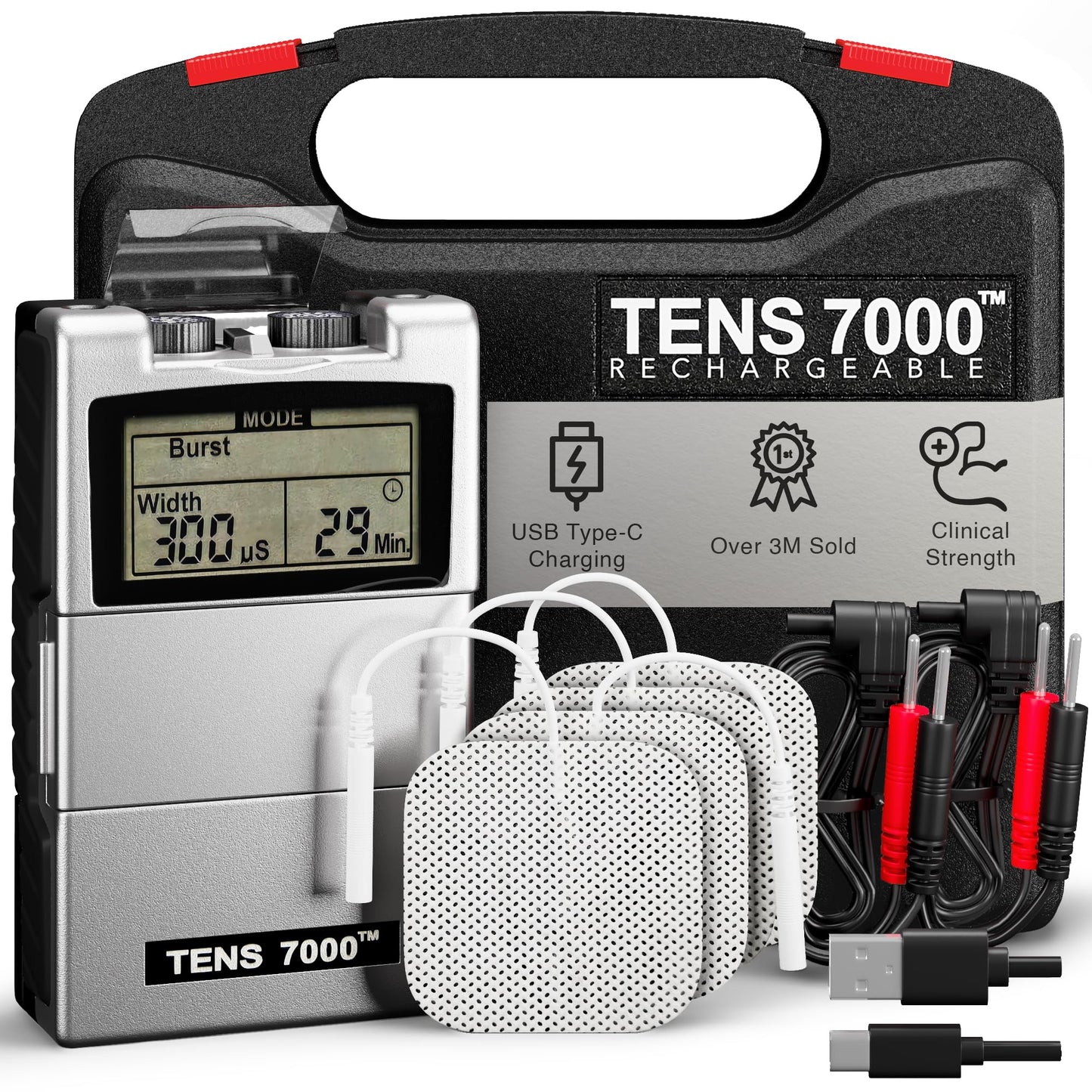 TENS 7000 Rechargeable Tens Unit Muscle Stimulator, Back Pain Relief, 4 Electrodes/Unit Pads, Period Pain Simulator, Muscle Recovery & Growth, Stim Machine, Electrotherapy, TENS Machine