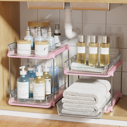 Delamu 2-Tier Multi-Purpose Bathroom Under Sink Organizers and Storage, Stackable Kitchen Pantry Organization, Pull Out Medicine Cabinet Organizer with Movable Dividers, White, 2 Pack