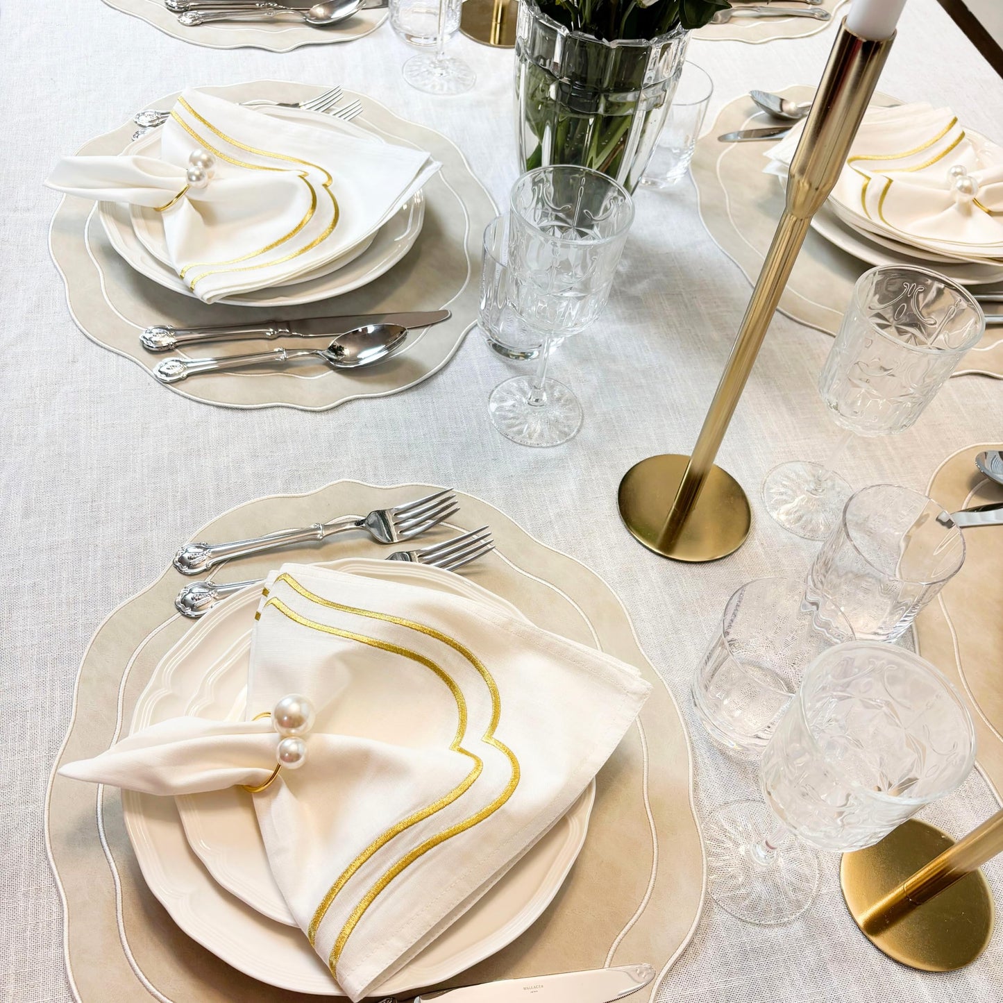 Bryonia Embroidered Scalloped Faux Leather Placemats Set of 4 - Earth Tone, Soft, Wipeable Luxury Dinner Table Mats for Dining & Wedding, 17.25" x 15", Ivory