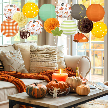 ‎Renbuzhu 16PCS Fall Decorations for Home Paper Lanterns Pom Poms Hanging Swirls Thanksgiving Autumn Friendsgiving Decor for Party Office Birthday Indoor Outdoor