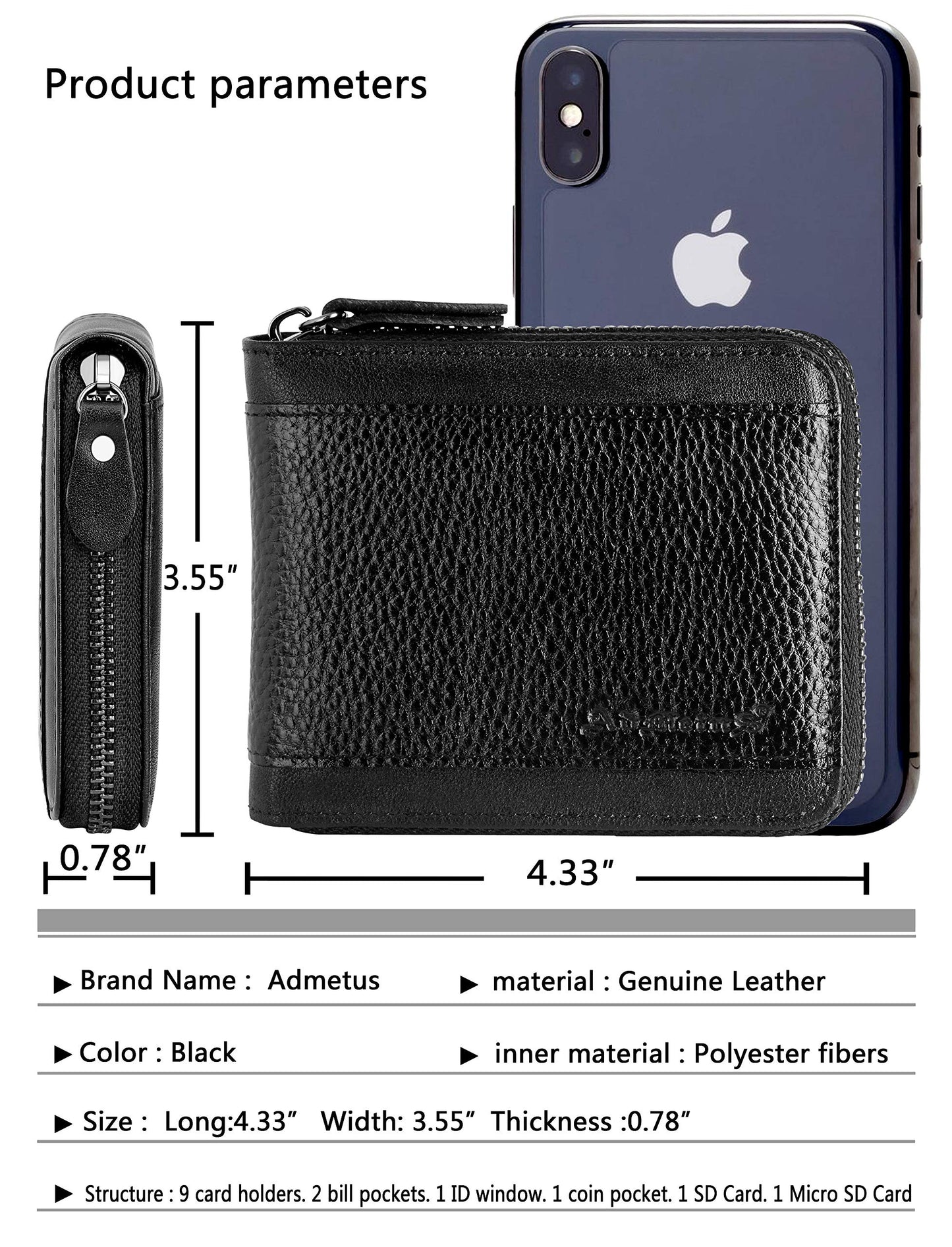 RFID Wallet for Men Leather Zip Wallet Bifold Card Holder Purse with Zipper Coin Pocket(Black-21)
