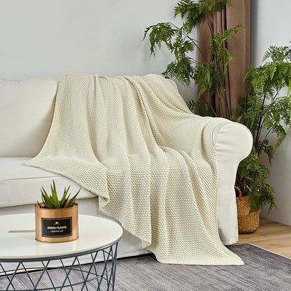 Longhui bedding Cream Knitted Cotton Throw Blanket for Couch, Soft, Cozy Machine Washable 100% Cotton Sofa Cable Knit Blankets, Heavy 4.0lb Weight, 60 x 80 Inches, Beige Color